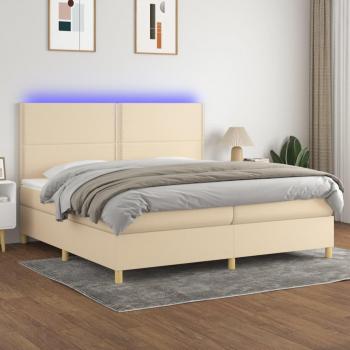 Cama box spring con colchón de muelles y luces LED, tela crema, 200x200 cm