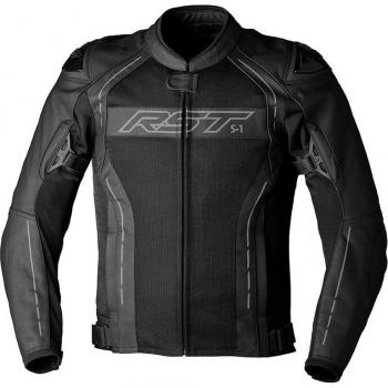 Chaqueta de Moto RST S-1 Negra - Características: Material de cuero, diseño ventilado, protección CE en hombros y codos, ajuste en cintura, múltiples bolsillos, forro interno desmontable
