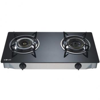 Cocina de Gas Muvip Inox 2 Fuegos con Cristal Templado, Encendido Piezoeléctrico y Quemadores de Hierro Fundido Desmontables