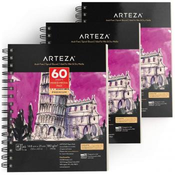 ARTEZA Bloc de dibujo para bocetos con medios mixtos A5 | 14,8 x 21 cm | 60 hojas | 180 gsm | Libreta de dibujo artistico ideal para medios húmedos y secos, bocetos, dibujo y más