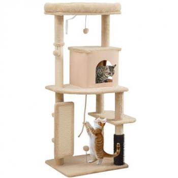 Árbol Rascador para Gatos PawHut Beige 132 cm con Plataformas, Poste de Cepillo y Bolas Colgantes