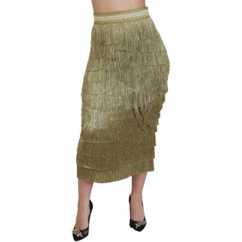 Gold Tiered Metallic Fringed Midi Silk Skirt - IT42|M, Dolce & Gabbana, Golden High-Waisted Tiered Midi Skirt, Yellow female, Size: S
