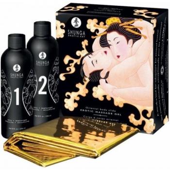 Shunga Set Gel de Masaje Aroma Melón y Mango - 1 unidad, Aceite de Masaje Erótico Melón Mango - 2 botellas, Body Strawberry