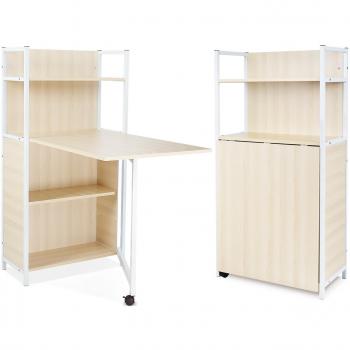 HOMFA Mesa extensible con estantes Mesa multimedia Escritorio de la computadora plegable con compartimentos Color madera clara
