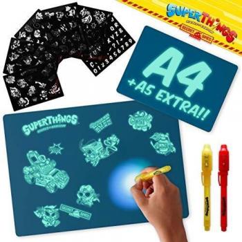 BONNYCO SuperThings Secret Spies - Pizarra Magica Azul A4 y A5, 6 Plantillas, 2 Bolis Espía Juguetes para Niños 3 4 5 6 7 8 9 Años | Pizarra Luminosa, Regalos Niños Cumpleaños, Navidad