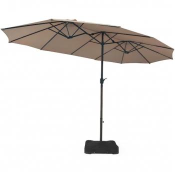 15-Foot Double-Sided Patio Umbrella - Tan, Market Style with Crank and Base
