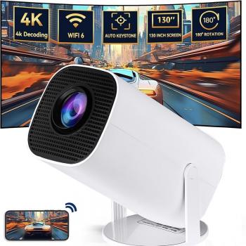 Mini Proyector Portátil 4K Nativo 720p con Ángulo Ajustable, Smart Video Beamer y Conectividad BT 5.0 WiFi6