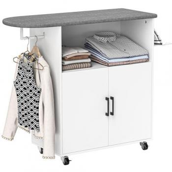 Mueble de Plancha Homcom con Ruedas, Barra para Colgar Ropa, Estante Abierto y Tabla de Planchar - 125x43,5x102,5 cm Blanco