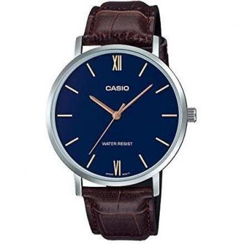 Casio MTP-VT01L-2B Men's Minimalistic Blue Dial Brown Leather Band Analog Watch