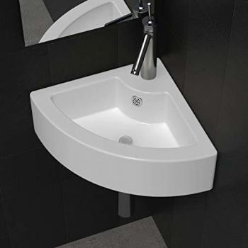 vidaXL Lavabo de Esquina Baño Agujero Grifo y Desbordamiento Cerámica Blanco