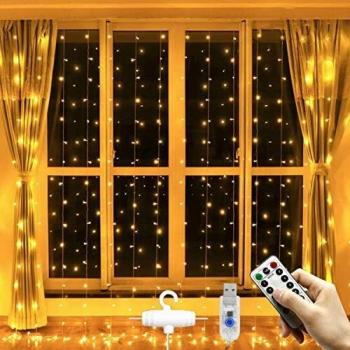 Ventdest Cortina de Luces, 3x3m 300 LED Cadena de Luces Navidad, USB 8 Modos Control Remoto, Impermeable Luces Decorativas para Ventana, Fiestas, Bodas, Casa, Navidad Decoración