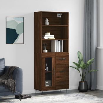 Aparador alto de madera contrachapada marrón roble 69,5x34x180 cm con 1 puerta de cristal y 3 cajones, mueble de almacenaje para salón, buffet y armario auxiliar