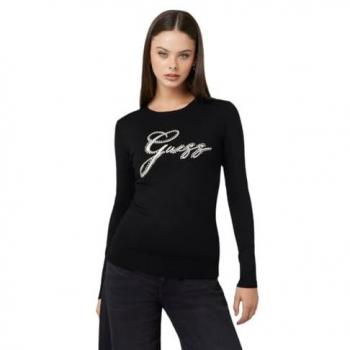 Guess Rhinestones Front Logo Sweater, Round-neck Knitwear, female, Black, Size: M, Elegant versatile crewneck sweater Jblk