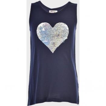 Camiseta de niña sin mangas azul marino de algodón con dibujo de corazón La Ormiga 1071070601