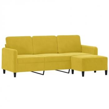 Sofá de 3 plazas con taburete en terciopelo amarillo 180 cm, incluye reposapiés, asiento con respaldo y reposabrazos, ideal para salón y descanso