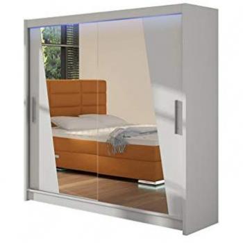 Armario Atlanta 144, Blanco, 215x180x57cm, Puertas Correderas con LED y 5 Estantes