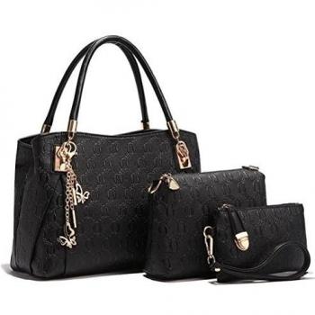 Umily Bolso De Las Mujeres Y Monedero De Mano Y Hobo Bolsa De Cuero 3 EN 1-Negro