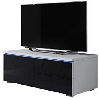 Mueble de TV Nashville 130 LED Blanco y Negro Brillante, 100x35x45cm, con 1 puerta y 2 cajones