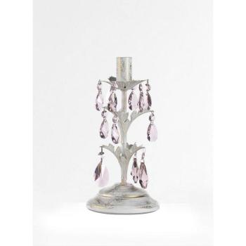Lámpara de mesa KATE de metal y cristal en color marfil con gotitas de color rosa