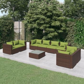 9-Piece Brown Poly Rattan Garden Lounge Set with Cushions