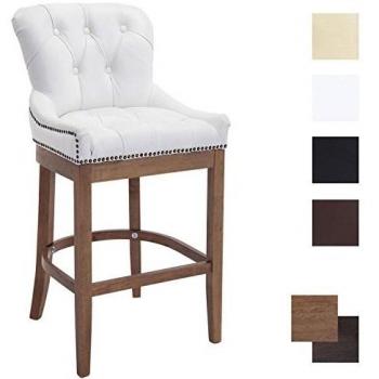 Taburete de Bar Lakewood en Cuero Auténtico y Madera Clara Blanco, Acolchado, Alto con Respaldo y Reposapiés