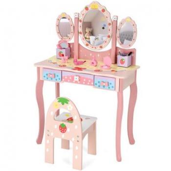 Princess Vanity Makeup Table Set for Kids with Tri-fold Mirror and Chair - Pink Wood Dressing Table