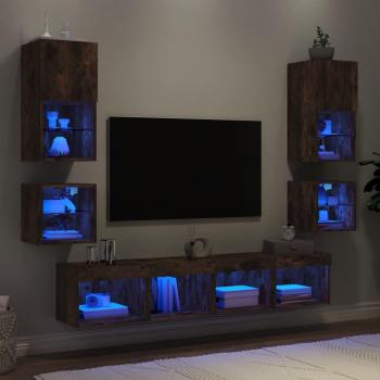 Muebles TV pared con LED 8 piezas madera ingeniería roble ahumado Marrón