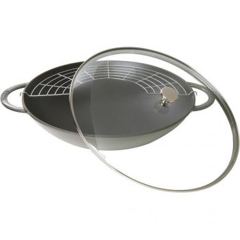 Staub - Wok de hierro colado con tapa de cristal y escurridor, 37 cm