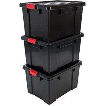Cajas de Almacenaje de Plástico Iris Ohyama - Juego de 3, 68L, Apilables, Encajables, con Tapa y Cierre de Clip, Sin BPA