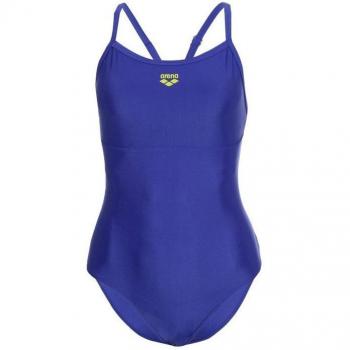 Bañador de natación Arena Solid Swimsuit mujer neon blue con diseño ligero, espalda de corte bajo y tejido resistente al cloro