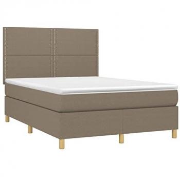 Cama box spring con colchón y luces LED en tela gris taupe 140x190 cm
