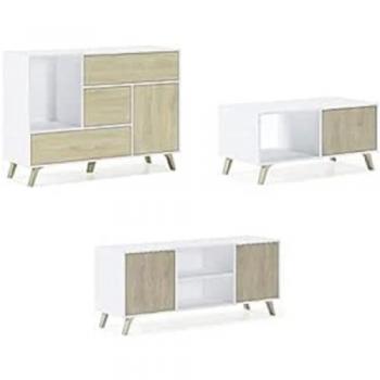 Conjunto de Muebles de Salón y Comedor Wind - Buffet, Mueble TV y Mesa de Centro - Melamina Alta Calidad Bi-Color Blanco y Roble - Estilo Escandinavo