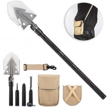Overmont 13 en 1 Pala plegable militar multifucional con brújula, táctica trinchera 13 herramienta de sujeción, portatil de emergencia supervivencia para camping senderismo jardín excursión al aire libre con bolsa de transporte color negro/oro