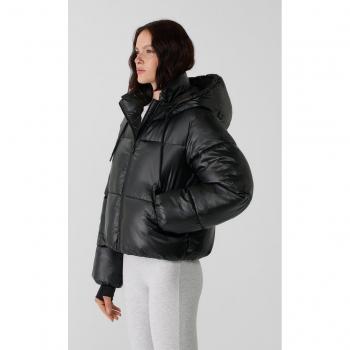 Metallic Hooded Puffer Jacket Black XS
