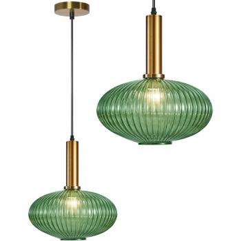 Lámpara de suspensión Toolight APP465-1CP, vidrio verde redondo, 1 punto de luz E27, dimensiones 24,5X24,5X28,5CM, ajustable, color verde y oro