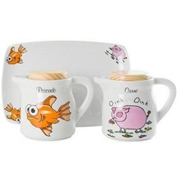 La Cija Pez y Cerdo Graseras de Porcelana con Bandeja, Blanco, 16.5x8x13.5 cm