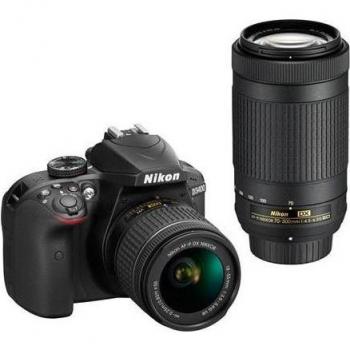 Cámara Réflex Nikon D3400 Kit con Lentes AF-P 18-55mm y 70-300mm, Bolsa y Tarjeta SD de 8GB
