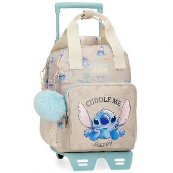 Mochila Preescolar Stitch Cuddle Me Happy 28 cm con Carro, dimensiones 10x23x28 cms, color beige, fabricada en poliéster