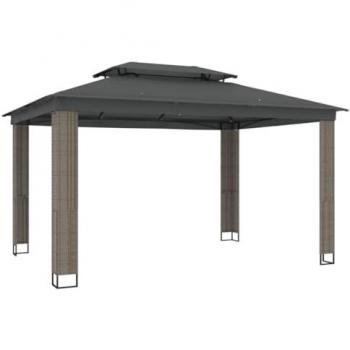 Cenador con Doble Techo de Tela Gris Antracita 3,94x2,96 m, cenador de jardín, cenador de terraza, cenador grande, cenador de exterior