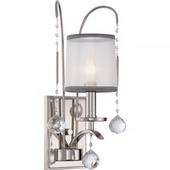Aplique de pared Whitney, 1 luz, acabado en plata imperial, organza blanca y gris, decoración de cristal, E14