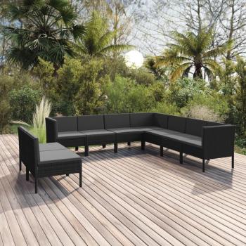 9-Piece Black Synthetic Rattan Garden Lounge Set with Cushions