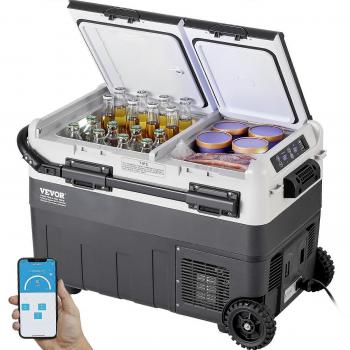 Refrigerador Portátil para Automóvil VEVOR 50L, Doble Zona, Temperatura Ajustable de -20°C a 20°C, Congelador con Compresor y Ruedas