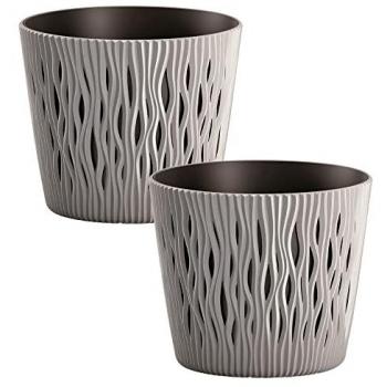 Maceta Redonda Wellhome Sandy Round de Plástico Gris Decorada con Ranuras Verticales Onduladas 15,8 cm x 15,8 cm x 13,8 cm