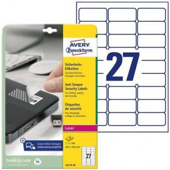 Etiquetas de Seguridad Avery Zweckform 63,5 x 29,6 mm - Autoadhesivas - 540 Piezas (20 Hojas)