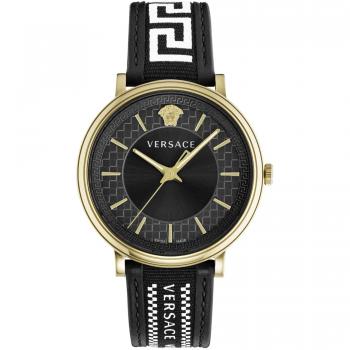 Versace V-Circle Leather Bracelet Watch, Black, Male, Size: ONE SIZE