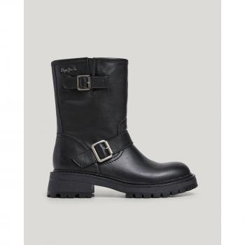 Pepe Jeans Women's Leather Ankle Boots with Metal Buckles - Kane Forest Black EU 39