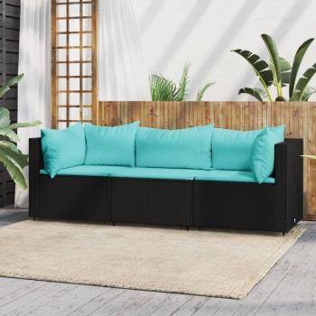vidaXL 3-Piece Black Poly Rattan Garden Lounge Set with Cushions