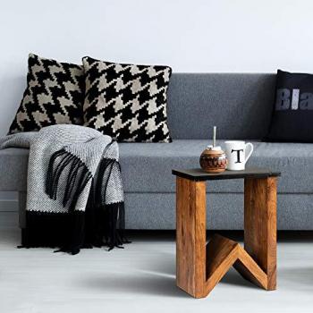 Mesa auxiliar de madera marrón manchado 45 x 30 x 60 cm, mesa de centro Warsaw W-Forma 60 cm en madera maciza de acacia marrón con diseño tallado a mano, estilo rústico, mes