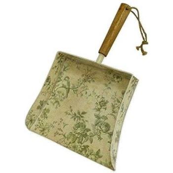 BETTER & BEST Q B&B Q BETTER & BEST Toile de Jouy Recogedor de asa Corta, Color Crema y Verde francés, Metal con Lamina de Papel Adhesiva y Tratamiento Antihumedad/Madera, 25.00x34.00x3.50 cm