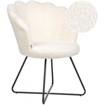 Silla sin reposabrazos Lovelock, asiento redondo de tapicería bouclé blanca y estructura metálica, diseño vintage